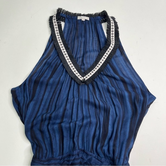 POUPETTE ST BARTH Beline Navy Deep Fringe V-Neck Slim Ruffle Mini Dress - Picture 3 of 15